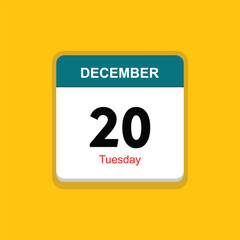 tuesday 20 december icon with yellow background, calender icon