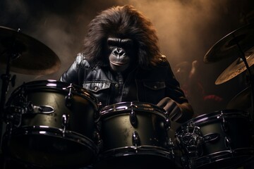 Fototapeta na wymiar Gorilla Musician Drumming in a Band. AI