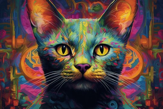 Colorful art - the head of an oriental cat painted with spots splashes of paint