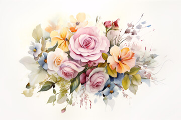 Floral pastel watercolor style wedding bouquet. Isolated and editable. Soft Colors. Flowers and leaves.