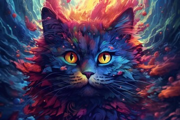 Portrait of a cat created with bright paint splatters