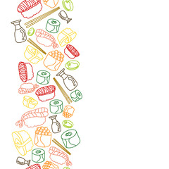 vertical colorful doodle line Sushi with chopsticks and Shoyu soy sauce concept seamless pattern on white background. vector abstract illustration.