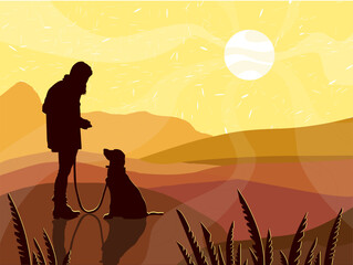 Silhouette of a girl with a dog on the background of a mountain evening landscape with sunset and grass.