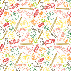 colorful doodle line Sushi with chopsticks and Shoyu soy sauce concept seamless pattern on white background. vector abstract illustration.