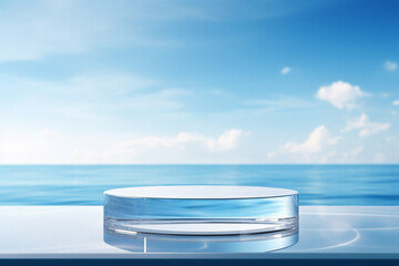 Fototapeta na wymiar Transparent glass podium on crystal water surface in blue with white clouds sky background. Show case for cosmetic products, new product, promotion sale and presentation. Generative AI