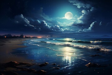 Night Beach Scene with Moon, Stars, and Ocean Waves. AI