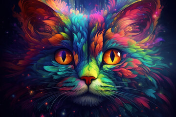 Multi coloured illustration art, the head of a persian cat painted with with splashes and splatters of paint