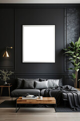 Black room wall art frame mockup with High-End Luxury, Serene Elegance, and Stylish Contemporary Design. AI generated.