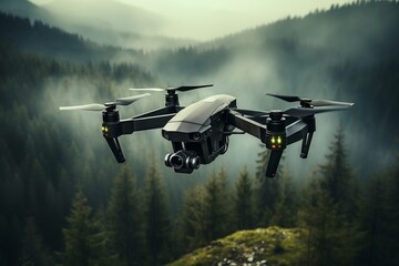 Fototapeta na wymiar Modern Drone Flying Above Forest in Aerial View - Dark Drone Soaring Against Landscape Backdrop. AI
