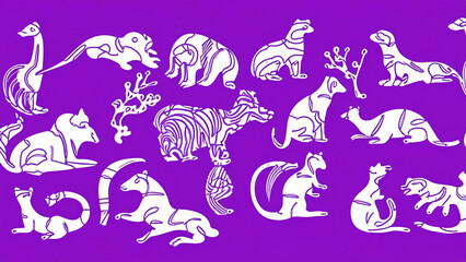 seamless pattern of white with funny and different creative animals on purple background