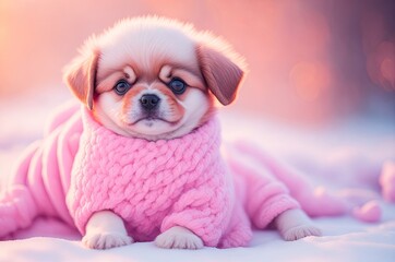 Fototapeta na wymiar A cute little baby puppy in warm winter clothes. ai generative