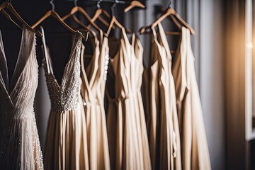 beautiful evening dresses hanging on wooden background. ai generative