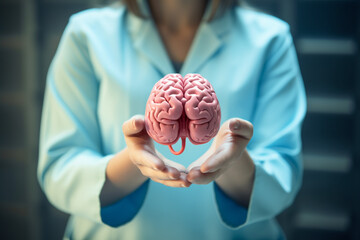Health care, medicine, human anatomy concept. Doctor with blue suit holding human brains mockup in hands. Generative AI - obrazy, fototapety, plakaty