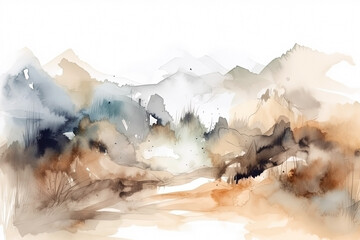Fototapeta na wymiar Watercolor neutral tones minimalist mountains landscape illustration