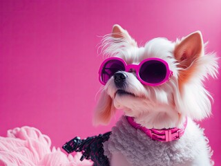 Fashion dog in sunglasses on pink pastel background. ai generative