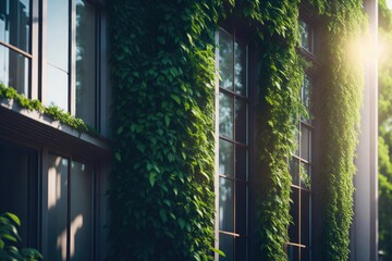 Facade of a building covered with ivy Plant. ai generative