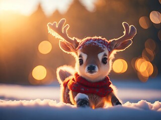 Little cute baby reindeer on winter christmas clothes. ai generative