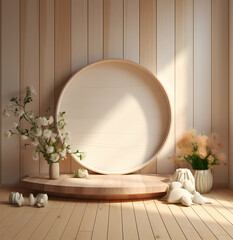 Natural Harmony: Realistic Still Life Room with Wood Modern mock-up Floor and Wooden Wall in White and Beige, Rounded Accents, Mirrors, and Nature-Inspired Natural Fibers, Rendered in Maya