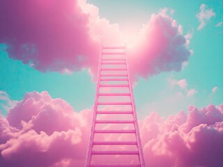 Pastel pink creative landscape of a ladder in the clouds. ai generative