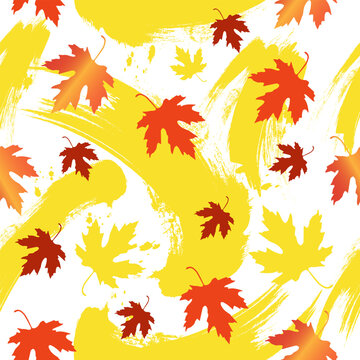 Vector seamless autumn pattern with yellow falling leaves and watercolor brush strokes.
