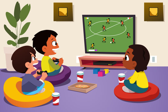 Children Playing Video Games at Home Vector Illustration