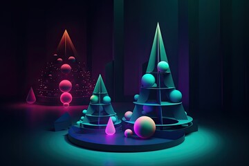 Creative neon design of  party background with Christmas tree. Template for advertising, web, social media and fashion ads. Poster, flyer, greeting card. AI generative