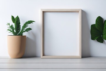 Wooden vertical frame with white blank card. ai generative