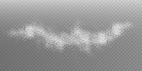 White scattering of small particles of sugar crystals, flying salt, top view of baking flour. White powder, powdered sugar explosion isolated on transparent light background. Vector illustration.