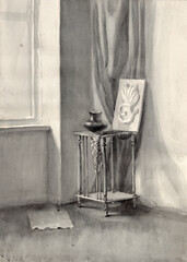 Hand drawn illustration with a stucco plaster molded panel, ceramic vase on a vintage bookcase and drapery folds in the corner of a large study room. Monochrome Vintage watercolor drawing