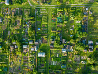 An aerial view of fruit and vegetable allotments in Ipswich, Suffolk, UK