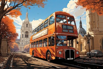 Obraz premium The illustration showcases a double-decker bus against a city backdrop, embodying urban life and transportation in a vibrant metropolis. Generative Ai.