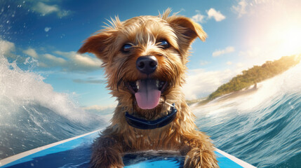 A happy dog on a surfboard catches a wave in the ocean. Horizontal banner. The concept of a summer holiday by the sea.