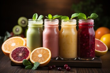 Shots of fresh juices , different fruits and colors, natural energizing Immune-boosting with healthy vitamins and nutrients, created with Generative AI