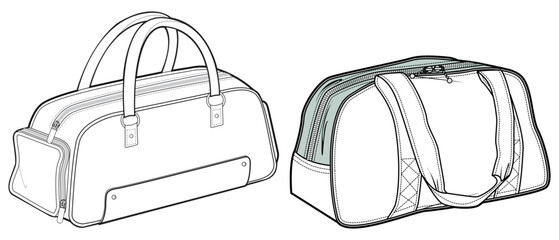 Set of Duffel bag flat sketch fashion illustration drawing template mock up, Sport duffle bag cad drawing. barrel bag flat sketch vector