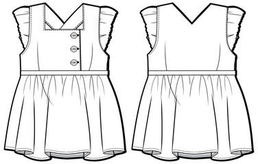 Girls pinafore Dress frock design flat sketch fashion illustration vector template with front and back view, Toddler baby girl wing ruffle sleeve frock dress