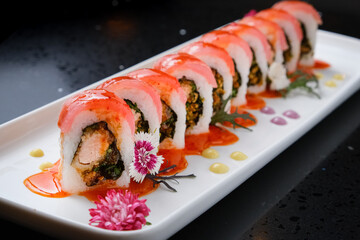sushi roll spicy red sauce cream cheese with fresh fish and spices.001