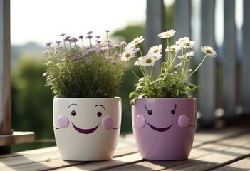 Flowers in pots with cute smiley faces.