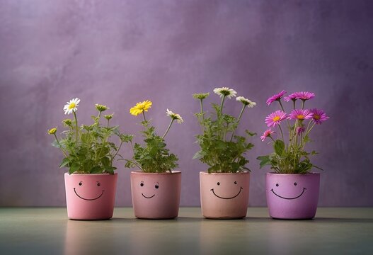 Flowers In Pots With Cute Smiley Faces.