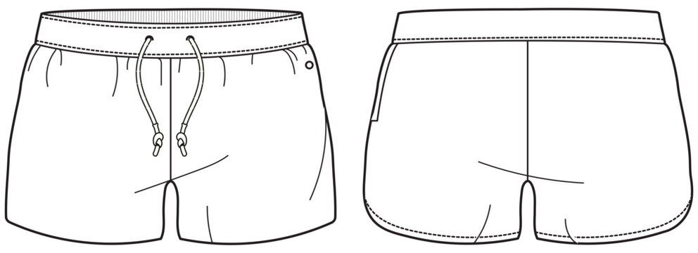 Men's trail shorts front and back view flat sketch fashion illustration, running Jogger short drawing vector template