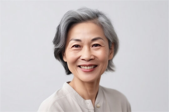 asian mature woman smiling on a light grey background