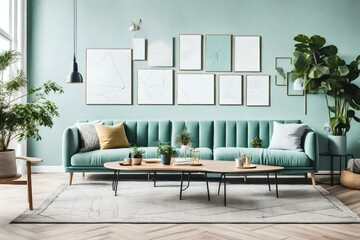 Stylish scandinavian living room with design mint sofa, furnitures, mock up poster map, plants and elegant personal accessories. Modern home decor. Bright and sunny room