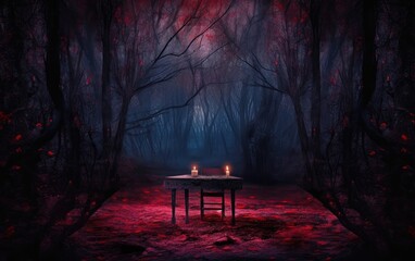 Spooky forest landscape with wooden table in halloween style at night illuminated by moonlight.