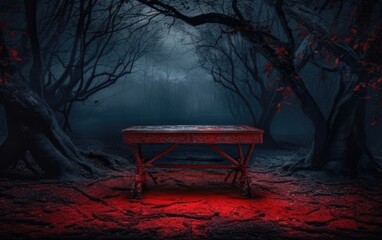 Fototapeta na wymiar Spooky forest landscape with wooden table in halloween style at night illuminated by moonlight.