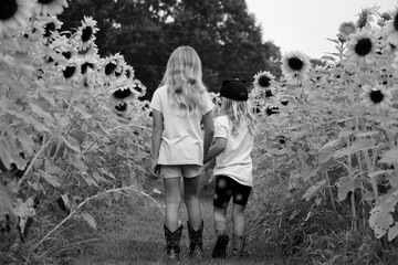 two children walking through sunflowers