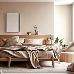 Modern Cozy, Untidy, Cluttered Disorganized Unkempt Scandinavian Style Bedroom Interior Mockup of Natural Wood Furniture & Beige Colors with Messy Woolen Blankets Unmade Bed Pillows Hanging Lamp Decor
