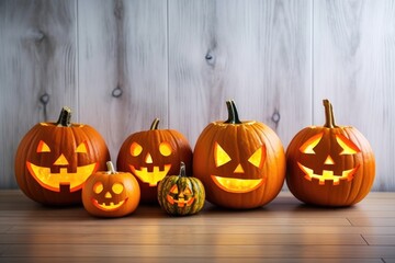 halloween pumpkins in humorous style on wooden floor isolated on white background