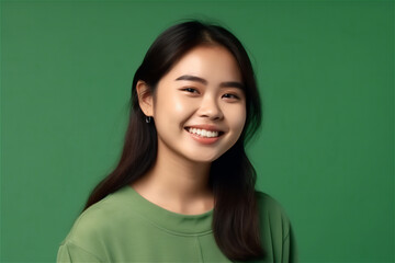 Obraz premium asian young adult woman smiling on a green background