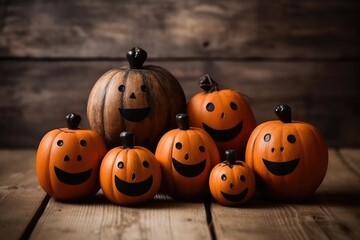 halloween pumpkins on wooden floor isolated on black background