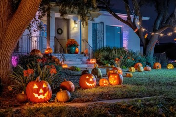 Obraz premium Halloween night concept with illuminated pumpkins, decorated streets, colorful decorations in front of houses on Halloween night.