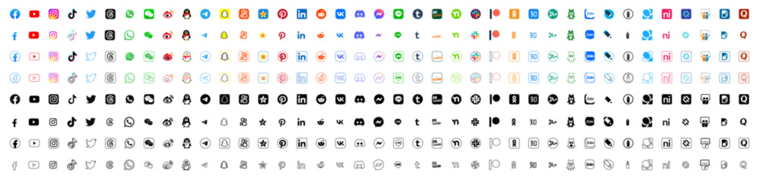 Social media logos. Big set of icons of the most popular social networks. Facebook, YouTube, Instagram, etc. Vector. VINNITSA, UKRAINE - JULY 28, 2023	
